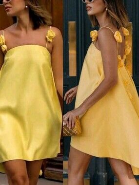 Women's Satin A-Line Mini Dress, Spaghetti Straps With 3D Rose Accents For Forma